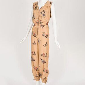 1970s/1980s Vintage Floral Butterfly Print Beige Sleeveless Harem Pant Jumpsuit